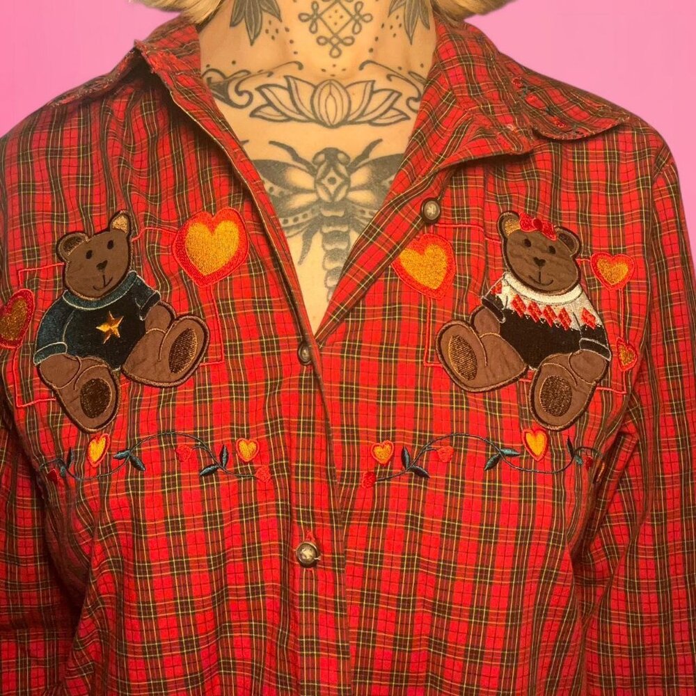Vintage 90s teddy bear plaid shirt